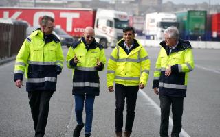 (left to right) Secretary of State for Wales David TC Davies, Stena Line Chief Operating Officer Fleet and Government Affairs Ian Hampton, Prime Minister Rishi Sunak and First Minister of Wales Mark Drakeford. Image: PA