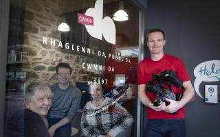 Camera man Carwyn Dafydd with Marian Griffith, Owain Jones and Sophie Craig.